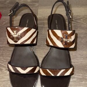 Tory Burch Brown and White Sandals with Striking Design